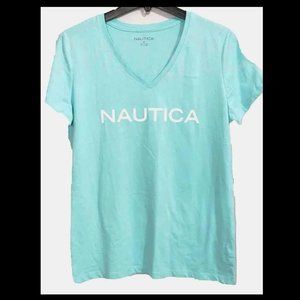 NWT Nautica Women's Short Sleeve Navy Striped V-Neck T-Shirt Size S $45 Z943